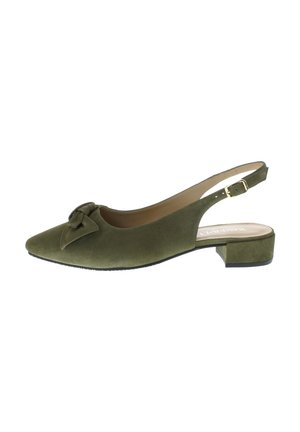 Olivgrüner Wildleder-Slingback-Schuh mit spitz zulaufender Zehenpartie und Schleifendetail vorne. Verfügt über einen niedrigen Blockabsatz und einen verstellbaren Knöchelriemen.