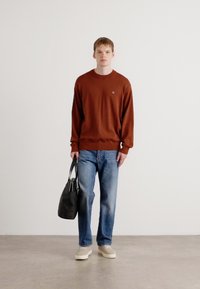 Maglione a girocollo marrone, jeans blu classici, sneakers beige e borsa nera. Tessuto liscio, vestibilità ampia, con un logo discreto sul maglione.