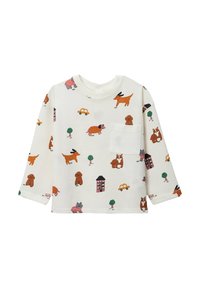 Chemise à manches longues de couleur claire avec un imprimé ludique de chiens, de voitures et d'arbres. Comprend une poche avant et est fabriquée en coton doux.