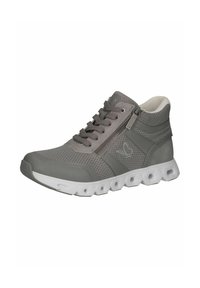 Scarpa sportiva grigia con tomaia in rete e sintetico, chiusura con lacci, zip laterale e suola esagonale bianca. Presenta motivi testurizzati sul materiale.