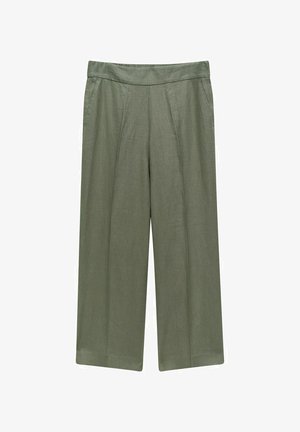 Løse, mellemhøje bukser i olivengrønn lin. Har en bred benform og subtile frontfald. Glat tekstur uden synligt hardware.