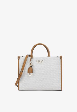 Bela in bež torbica Liu Jo Milano z dvema ročajema, nastavljivim naramnim trakom in obeskom z logotipom na sprednji teksturirani površini.