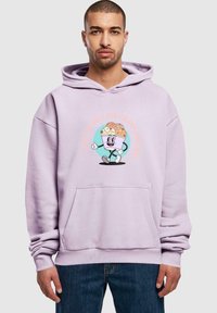 Felpa color lavanda con tasca frontale, caratterizzata da un design di un personaggio cartoon di gelato e la scritta "Rilassati con le nostre creazioni cremose".