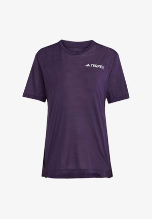 Maglietta atletica viola a maniche corte realizzata in tessuto leggero, con un design in rete traspirante e un logo bianco "TERREX" sul petto.