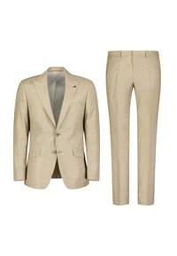 Beige Anzug aus strukturiertem Stoff, einreihige Jacke mit zwei Knöpfen, mitreissenden Revers und geraden Hosen.