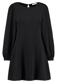 Schwarzes Kleid mit langen, gepufften Ärmeln, runder Halslinie und einem Schlüsselloch-Detail am Rücken. Glattes Material mit einer schwingenden A-Linien-Silhouette.