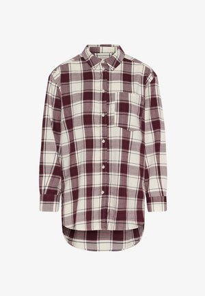 Koszula z długim rękawem z guzikami w maroonowo-białą kratę, z jedną kieszonką na piersi i zaokrąglonym dołem.