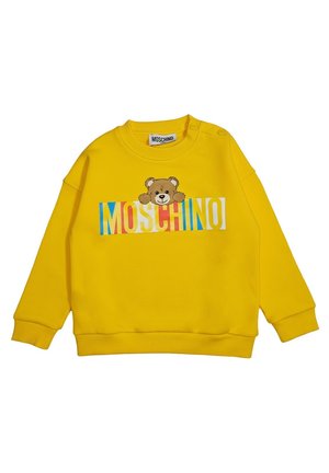 Felpa gialla brillante per bambini con il logo "MOSCHINO" colorato e una grafica di un orsetto sopra il testo.