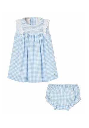 Robe bébé sans manches en vichy bleu et blanc avec bordure en dentelle blanche et bloomers assortis à taille élastique.