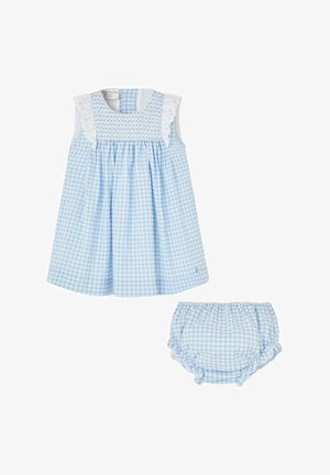 Robe bébé sans manches en vichy bleu et blanc avec bordure en dentelle blanche et bloomers assortis à taille élastique.