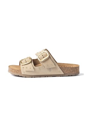 Beige suede slide sandal with two gold buckled straps, small gold studs, and a cork sole, shown in side profile on a white background.