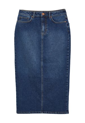 Gonna di jeans con lavaggio blu scuro, silhouette a matita, design a cinque tasche, chiusura frontale con bottoni e cuciture tono su tono.