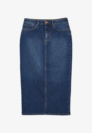 Gonna di jeans con lavaggio blu scuro, silhouette a matita, design a cinque tasche, chiusura frontale con bottoni e cuciture tono su tono.