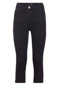 Schwarze, cropped Jeans aus einem Baumwollmischgewebe, mit einer figurbetonten Passform, fünf Taschen sowie einem vorderen Knopf- und Reißverschluss.