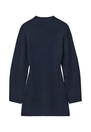 Navy ribbed sweater with a high neckline, long sleeves, and a tapered silhouette. Features textured detailing along shoulders and sides.