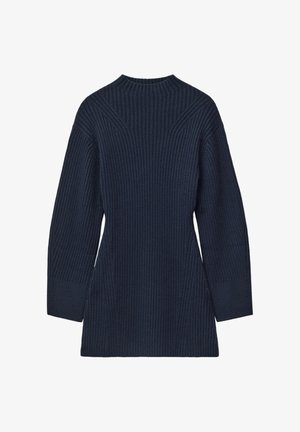 Navy ribbed sweater with a high neckline, long sleeves, and a tapered silhouette. Features textured detailing along shoulders and sides.