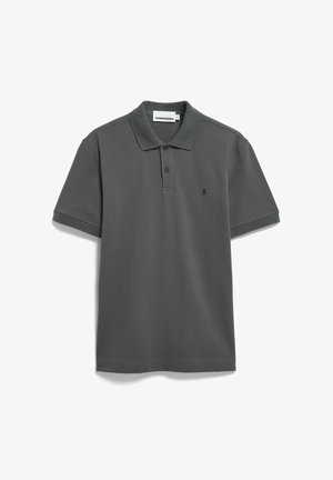 Dunkelgraues Poloshirt aus weichem Stoff, mit klassischem Kragen, kurzen Ärmeln, Zweiknopfleiste und kleinem Logo auf der Brust.