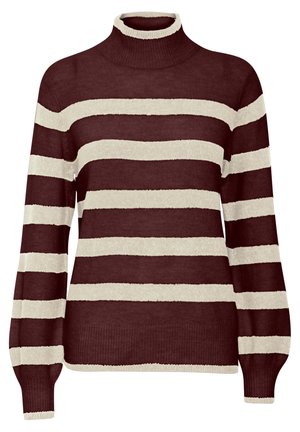 Burgundowy i kremowy sweter z golfem w paski, charakteryzujący się miękką fakturą, długimi rękawami oraz prążkowanymi mankietami i dekoltem.