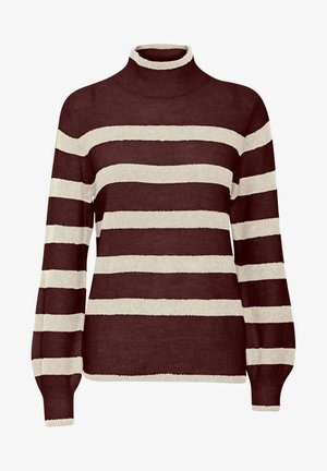 Burgundijos ir kreminės juostelės megztinis su aukštu kaklu, pasižymintis minkšta tekstūra, ilgomis rankovėmis ir raukšlėtėmis ant rankovių bei kaklo.