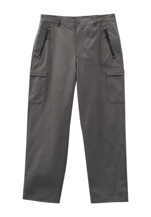 Gray cargo pants made of smooth fabric, featuring two zippered front pockets and one side pocket, with printed accents on the thigh.