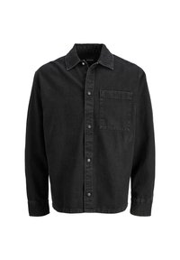 Black denim jacket with a straight fit, button closure, pointed collar, and single chest pocket. Features a textured fabric and visible stitching.