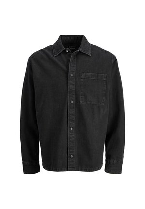 Schwarze Denimjacke mit geradem Schnitt, Knopfverschluss, spitzen Kragen und einer Brusttasche. Verfügt über einen strukturierten Stoff und sichtbare Nähte.