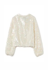 Top corto bianco coperto di paillettes iridescenti, con maniche lunghe e scollatura rotonda, dotato di polsini e orlo elasticizzati.