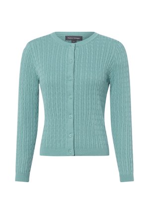 Licht turquoise kabelgebreid vest met lange mouwen, ronde hals en knoopsluiting aan de voorkant.