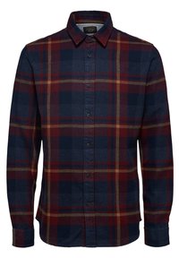 Röd, marinblå och beige rutigt flanellskjorta med knapp-upptäcktskrage, långa ärmar och rak fåll. Har framsidor med knappar och uppvikta ärmar.