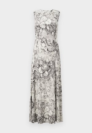 Sleeveless dress in monochrome fabric, featuring a detailed pattern of florals and scenes, with a flowing A-line silhouette.
