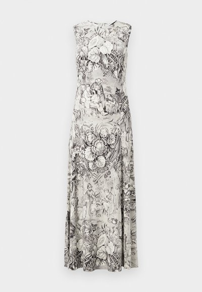 Rochie fără mâneci dintr-un material monocrom, cu un model detaliat de flori și scene, având o siluetă A-line fluidă.