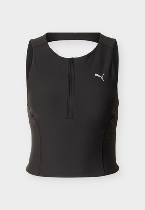 Haut court athlétique noir en tissu extensible, avec une fermeture éclair à l'avant et un décolleté arrondi, orné d'un petit logo argenté sur la poitrine gauche.