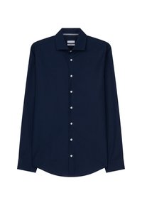 Camicetta a maniche lunghe blu navy realizzata in tessuto morbido, con chiusura a pulsante e colletto classico. Senza motivi oaccenni aggiuntivi.