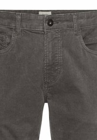 Grijze corduroy broek met een gestructureerd oppervlak, voorzien van een knoopsluiting, riemlussen en opgestikte zakken.
