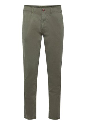 Muške uske maslinaste casual hlače s petljama za pojas, prednjim gumbom i bočnim džepovima.