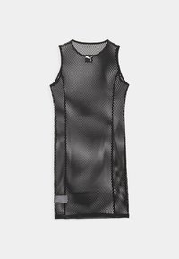 Robe noire sans manches en mesh avec de grands trous et un petit logo Puma blanc centré près de l'encolure sur fond blanc.