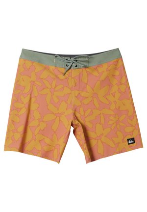 Roze en gele bloemenpatroon zwemshorts met een groene tailleband, voorzien van een trekkoord en een klein zwart logopatch op de zoom.