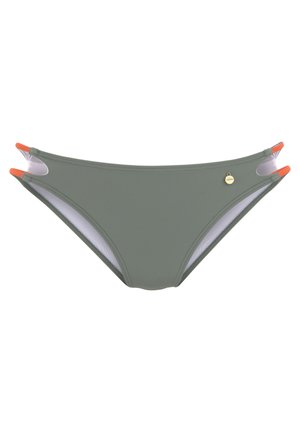 Grüner Bikini-Boden mit Cut-Out-Details, orangen Akzenten und einem kleinen dekorativen Emblem in goldener Farbe. Glattes Material, mittlere Passform.