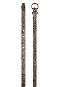 Ledergürtel in Hellbraun mit einem strukturierten, gesprenkelten Muster. Verfügt über fünf Einstelllöcher und eine silberfarbene Metallschnalle.