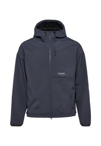 Marinblå softshell-jacka med dragkedja fram, justerbar huva och bröstficka. Funktioner inkluderar elastiska ärmslut och en slät yta.