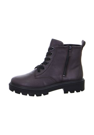 Dark brown leather ankle boot with black laces, side zipper, pull tab, and thick lug sole.