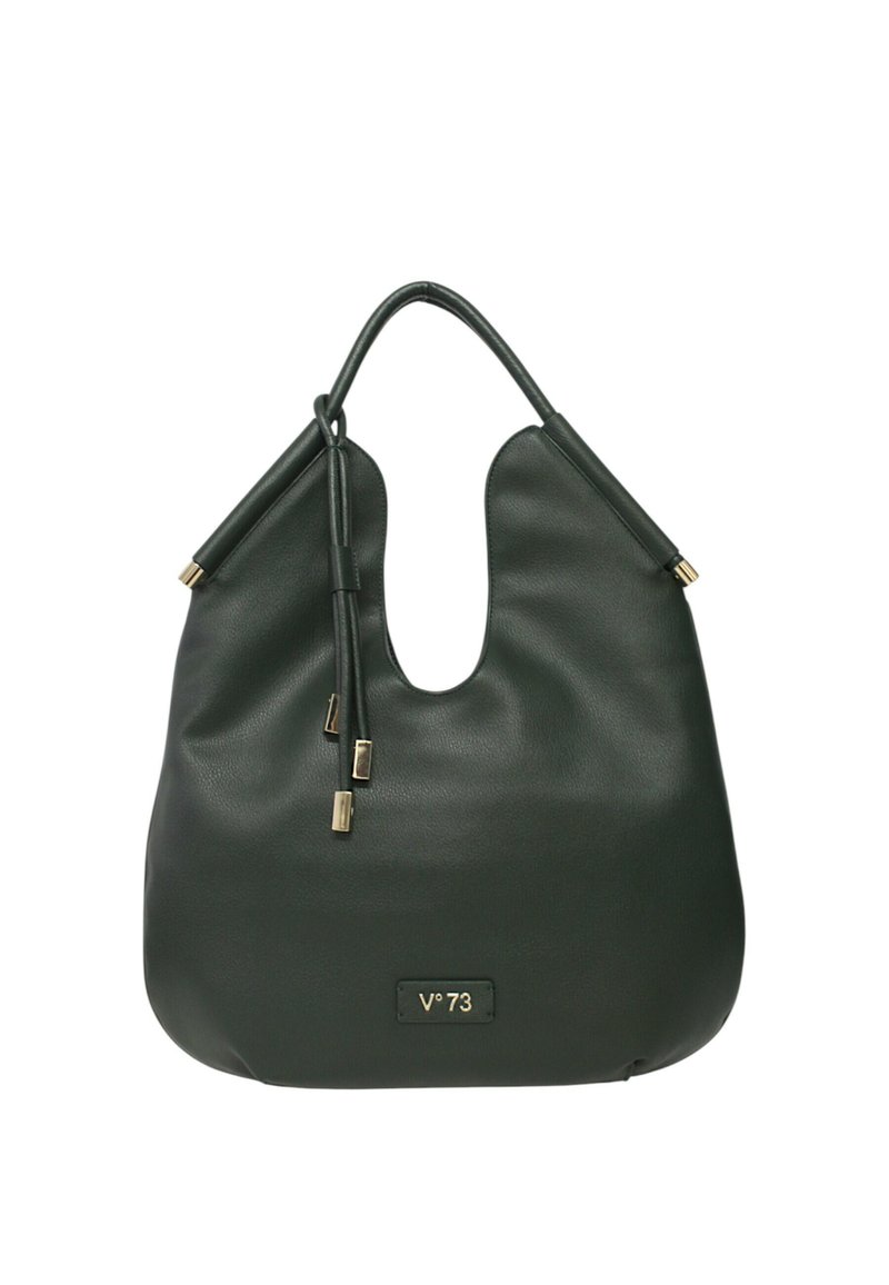 Borsa hobo in pelle verde con apertura a forma di U, due nappine decorative e accessori in tonalità oro. Presenta una placca con logo frontale.