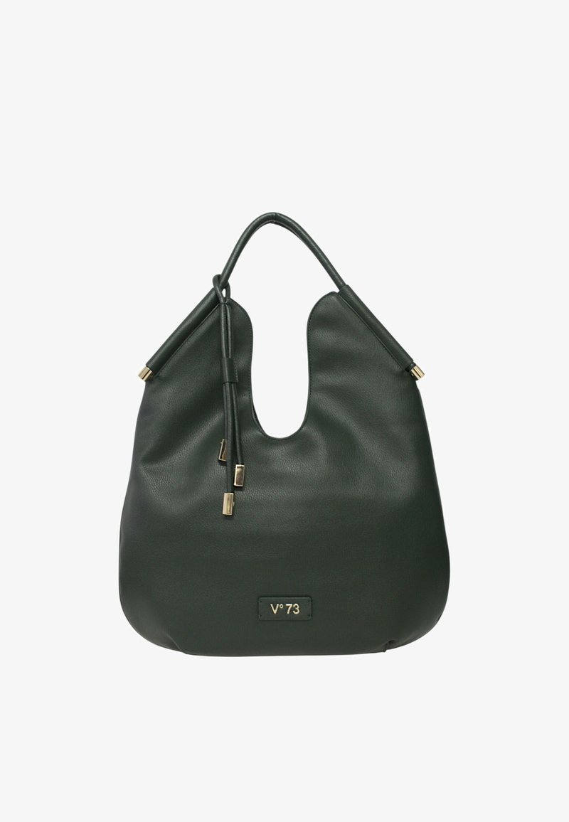 Borsa hobo in pelle verde con apertura a forma di U, due nappine decorative e accessori in tonalità oro. Presenta una placca con logo frontale.