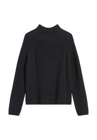 Pull en tricot noir avec col montant haut, texture côtelée et manches longues. Coupe droite avec coutures d'épaule tombantes et sans fermetures visibles.