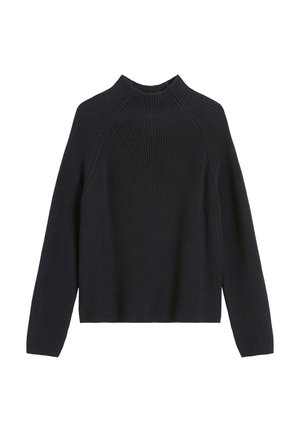 Donker gebreid sweater met een hoge opstaande kraag, geribbelde textuur en lange mouwen. Rechte snit met verlaagde schoudernaad en zonder zichtbare sluitingen.