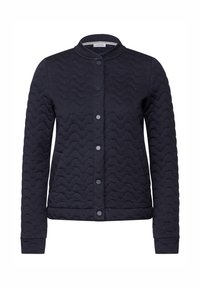 Veste matelassée bleu marine avec un motif de vagues, col rond, boutons-pression sur le devant et poignets côtelés. Fabriquée à partir d'un tissu doux avec une finition texturée.