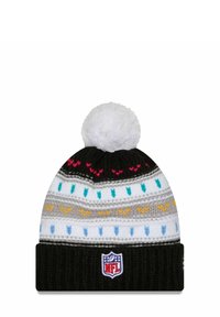 Strickmütze in Schwarz mit einem weißen Pompon, versehen mit mehrfarbigen Mustern: Türkis, Pink, Gelb und graue Streifen. NFL-Logo am Bund.