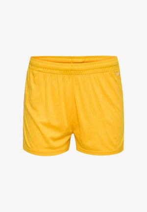 Jasnożółte szorty wykonane z gładkiego materiału, z elastycznym pasem i małym logo na dolnej prawej stronie.