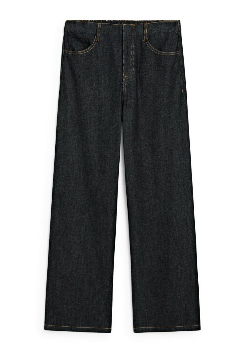 Dark denim wide-leg pants with a high waist, featuring front pockets, contrasting yellow stitching, and a frayed hem.