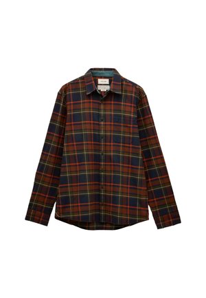 Tjekket langærmet skjorte med røde, grønne og marineblå farver, knaplukning fortil, krave og en brystlomme. Blødt bomuldsstof.